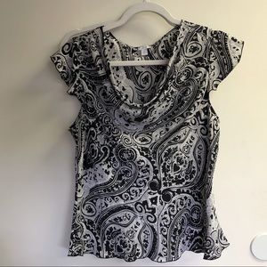 APT 9 Black White Paisley Top Blouse Cowl Neckline